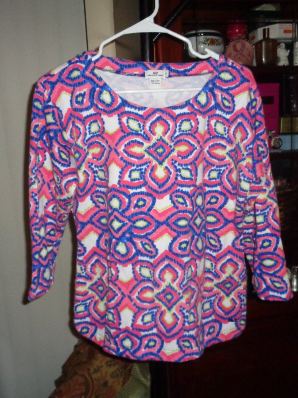 Womens VINEYARD VINES Pink Navy SHIRT Small 3/4 Sleeve fleece lined
